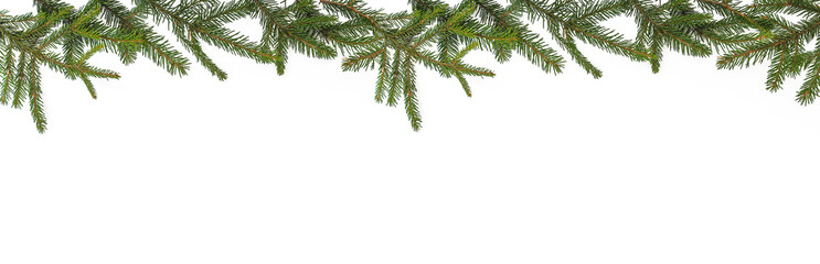 Beautiful template for christmas holiday greeting card. Frame of fir branches isolated on white background. Space for text, flat lay