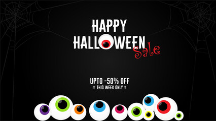 Halloween sale -50% off banner template with eyes. Vector lettering banner. Black