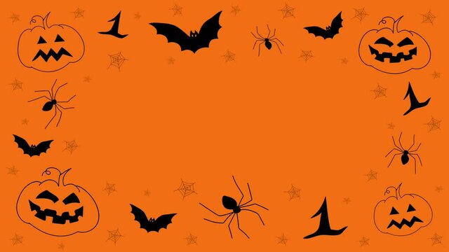 Black halloween hand drawn doodles stop motion animation, with pumpkins, spiders and bats, on a orange background