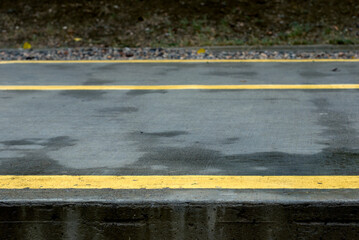 Yellow lines and arrows on a wet concrete path in the park. Yellow directional line on the road.