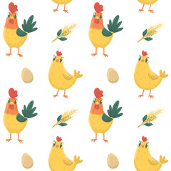 Rooster and chicken seamless pattern