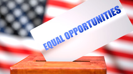 Fototapeta na wymiar Equal opportunities and American elections, symbolized as ballot box with American flag and a phrase Equal opportunities on a ballot to show that it is related to the elections, 3d illustration