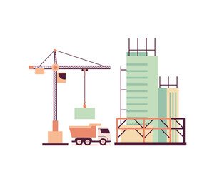 home building engineering concept crane and truck working on construction site horizontal vector illustration