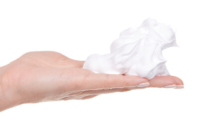 Hand with bubble foam, isolated on white background.