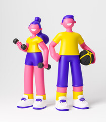 Cute happy young girl with dumbbells and boy with basketball ball. Outdoor healthy sport activity, extreme sport and lifestyle. 3d illustration.