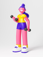 Cute happy young girl with dumbbells. Outdoor healthy sport activity, extreme sport and lifestyle. 3d illustration.