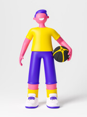 Cute happy young boy with basketball ball. Outdoor healthy sport activity, extreme sport and lifestyle. 3d illustration.