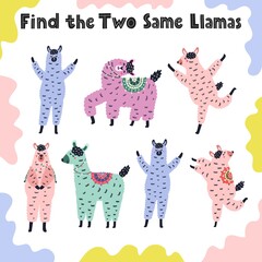Find the two same llamas. Educational activity game for toddlers