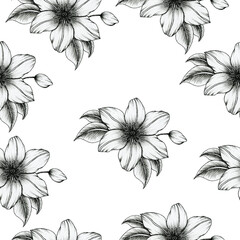 beautiful black and white floral seamless pattern, hand drawn vintage flowers decoration, ink clematis flowers bouquet seamless background, black floral drawing