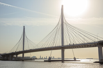 view of modern St. Petersburg through a huge cable-stayed bridge