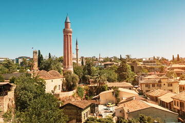 Yivli minaret is one of the main architectural landmarks of the old city of Antalya. Turkey and Anatolia province concept