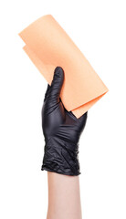 Hand in black latex gloves with cleaning sponge, isolated on white background.