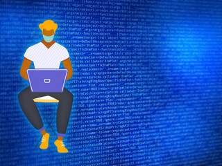 Man with laptop wearing a mask. Coding and working from home concept. Machine learning code.