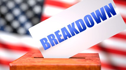 Fototapeta na wymiar Breakdown and American elections, symbolized as ballot box with American flag in the background and a phrase Breakdown on a ballot to show that Breakdown is related to the elections, 3d illustration