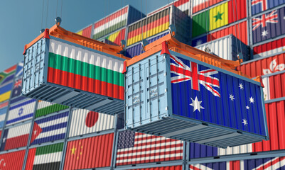 Freight containers with Australia and Bulgaria flag. 3D Rendering