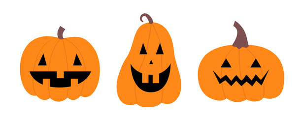 Happy Halloween pumpkin set line. Funny creepy scary smiling face. Cute cartoon kawaii baby character. Greeting card. White background. Isolated. Flat design.