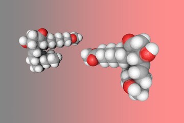 Molecular model of misoprostol. Atoms are represented as spheres with color coding: carbon (grey), oxygen (red), hydrogen (white). Scientific background. 3d illustration