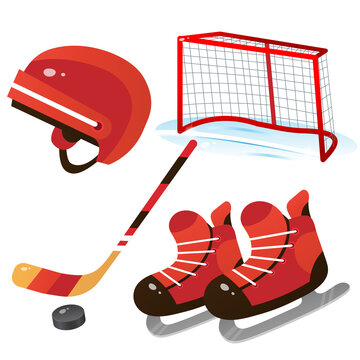 Hockey set. Color images of cartoon skates with helmet, stick and puck on white background. Sports equipment. Vector illustration for kids.