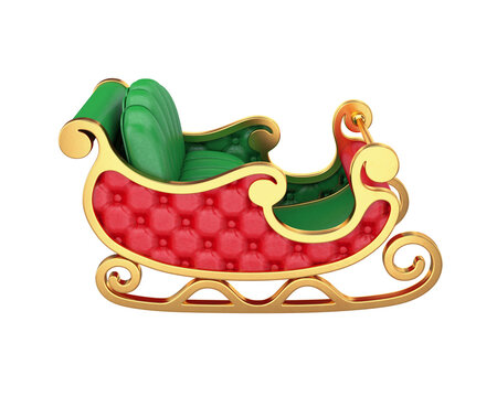 Santa Claus sleigh gold red green leather isolated on white background, 3D render