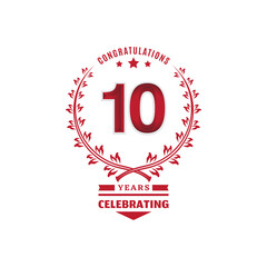 10 year anniversary logotype with red color on white background for celebration event