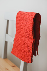 Natural pure linen towels, napkins or tablecloth. Colourful linen cotton fabrics on fabric background. Food photo props