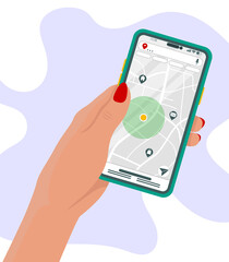Hand holding phone with map and marker. Flat hand with mobile phone with digital navigation. Concept modern urban technology map with point, comfortable search.