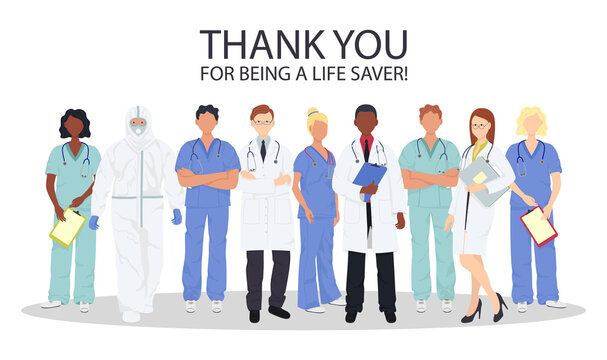 Thank you doctor and Nurses and medical personnel team. Medical people profession modern. Doctor and hospital cartoon vector print.