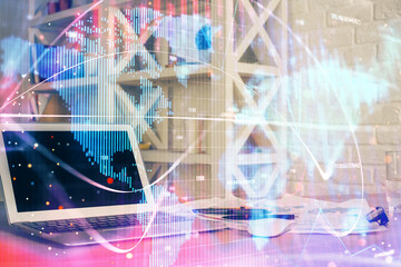 Multi exposure of business theme icons and work space with computer background. Concept of success.