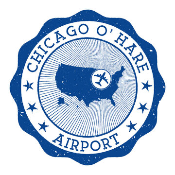 Chicago O'Hare Airport stamp. Airport of Chicago round logo with location on United States map marked by airplane. Vector illustration.