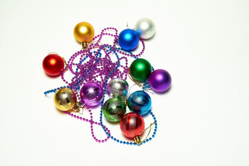 Christmas balls on a white background, top view, new year, Christmas decorations, holiday, christmas.
