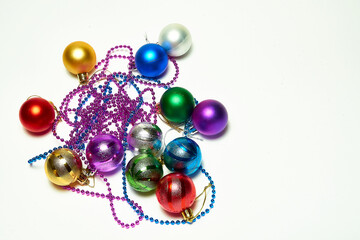 Christmas balls on a white background, top view, new year, Christmas decorations, holiday, christmas.
