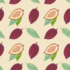 Seamless pattern colorful cutaway cocoa fruits with leaves on a beige background. Illustration in gouache. Design for wallpaper, background, fabric, textile, cafe, restaurant, exotic, packaging, web.