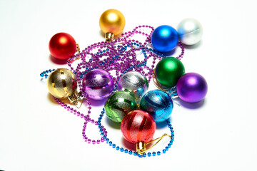 Christmas balls on a white background, top view, new year, Christmas decorations, holiday, christmas.