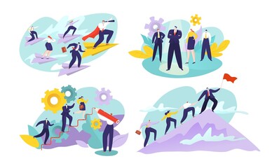 Leadership business people vector illustration set. Cartoon flat active leader character leads corporate team to win, success, businessman and businesswoman work together concept isolated on white