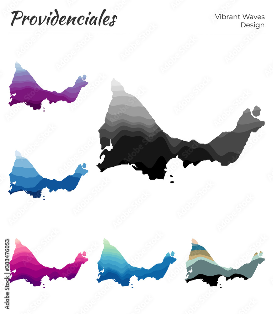 Poster set of vector maps of providenciales. vibrant waves design. bright map of island in geometric smooth