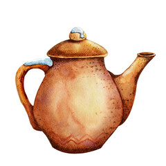 Ceramic brown teapot made of clay for tea ceremony. Close-up hand drawn watercolor illustration isolated on white background