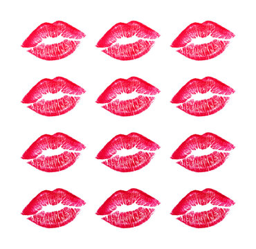 Set of beautiful red lips isolated on white background.