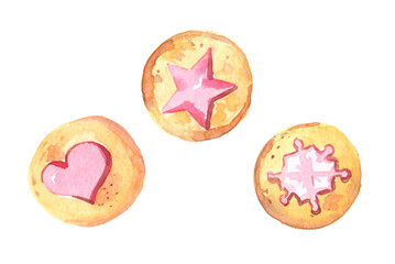 Set of different Romantic valentine cookies. Heart shaped, round, decorated with confiture and icing. Hand drawn watercolour drawing isolate on white background.