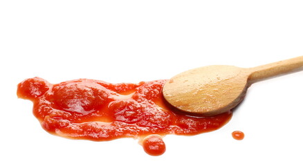 Tomato sauce with chopped chunks and wooden spoon isolated on white background