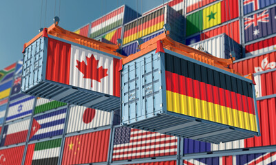 Freight containers with German and Canada national flags. 3D Rendering