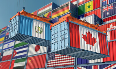 Freight containers with Guatemala and Canada national flags. 3D Rendering