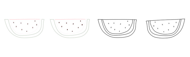 Hand drawn set  slice of watermelons. Summer design element with watermelon. Doodle line fruit. Vector stock illustration.