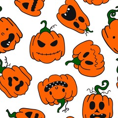 Happy Halloween. Seamless pattern with scary carved pumpkins. Vector illustration.