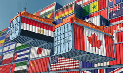 Freight containers with Egypt and Canada national flags. 3D Rendering