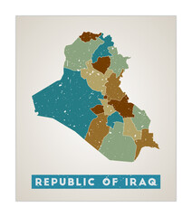 Republic of Iraq map. Country poster with regions. Old grunge texture. Shape of Republic of Iraq with country name. Neat vector illustration.