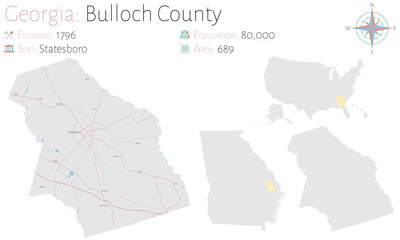 Large and detailed map of Bulloch county in Georgia, USA.
