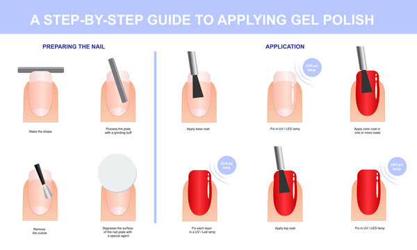 A step-by-step guide to coating gel polish. Modern manicure. Vector illustration
