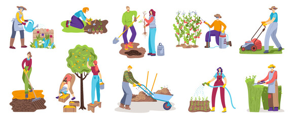People in gardening activity vector illustration set. Cartoon flat man woman gardener character doing garden job, watering, planting and growing, active farmers harvesting icons isolated on white