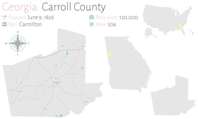 Large and detailed map of Carroll county in Georgia, USA.
