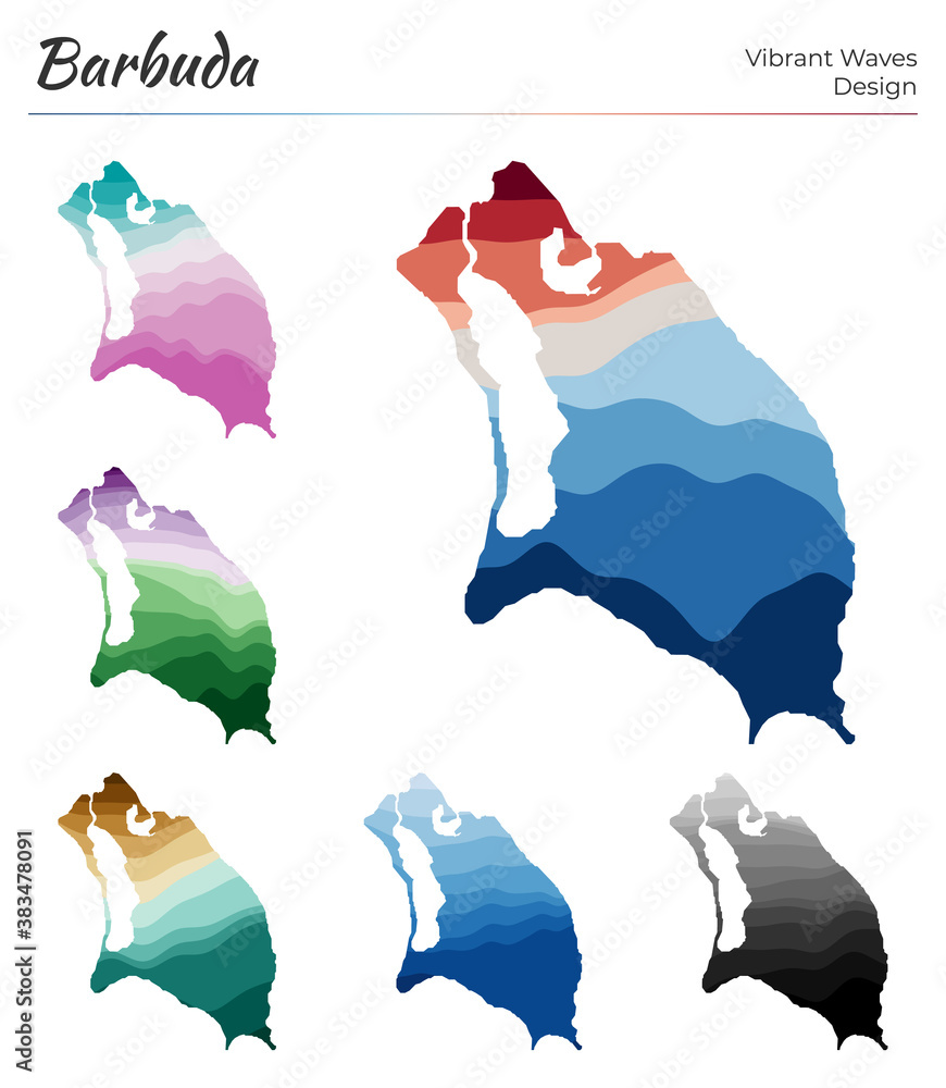 Aufkleber set of vector maps of barbuda. vibrant waves design. bright map of island in geometric smooth curves